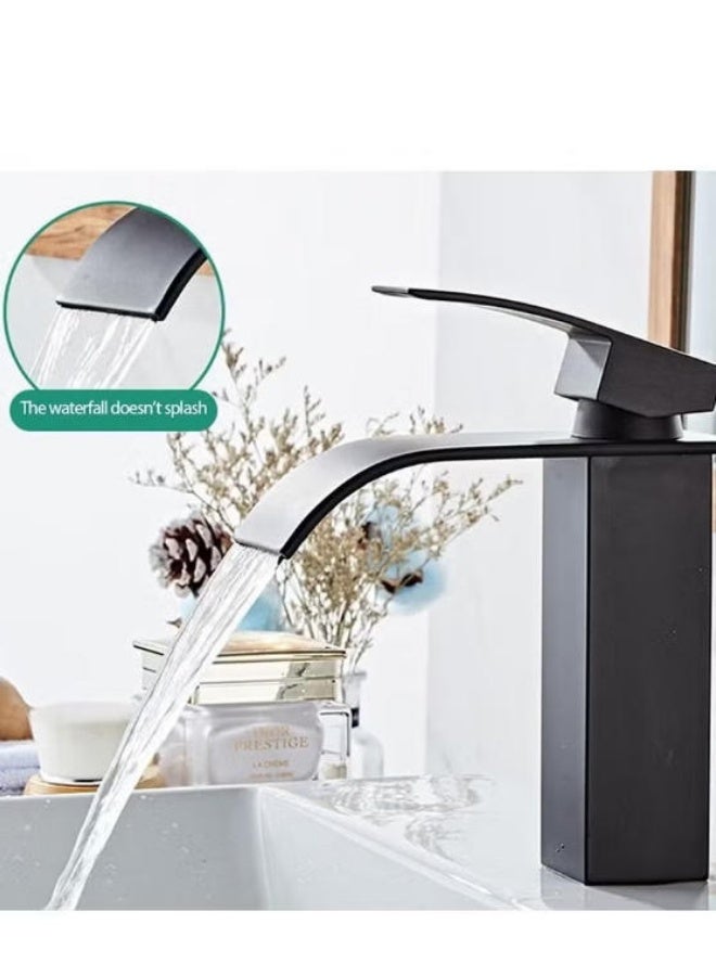 هالونهي صنابير حمام من الفولاذ المقاوم للصدأ، صنابير حوض حمام بتصميم شلال، صنابير خلط الماء الساخن والبارد، صنابير حوض حمام حديثة بفتحة واحدة مثبتة على سطح الطاولة (أسود) - Image 3